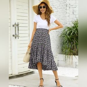 Maternity Dress Women's High Waist Floral Print Pleated Maxi Skirt Casual Flowy